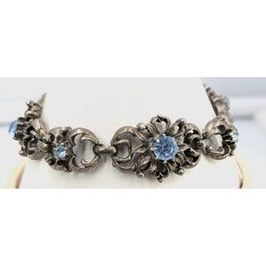 Coro Bracelet Silver Tone Blue Rhinestone Ornate Floral Link Vintage Wide 7.5